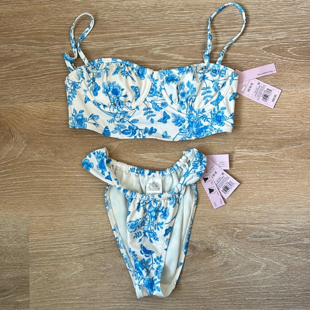 Wild fable NWT blue and white floral and butterfly corset style bikini xs